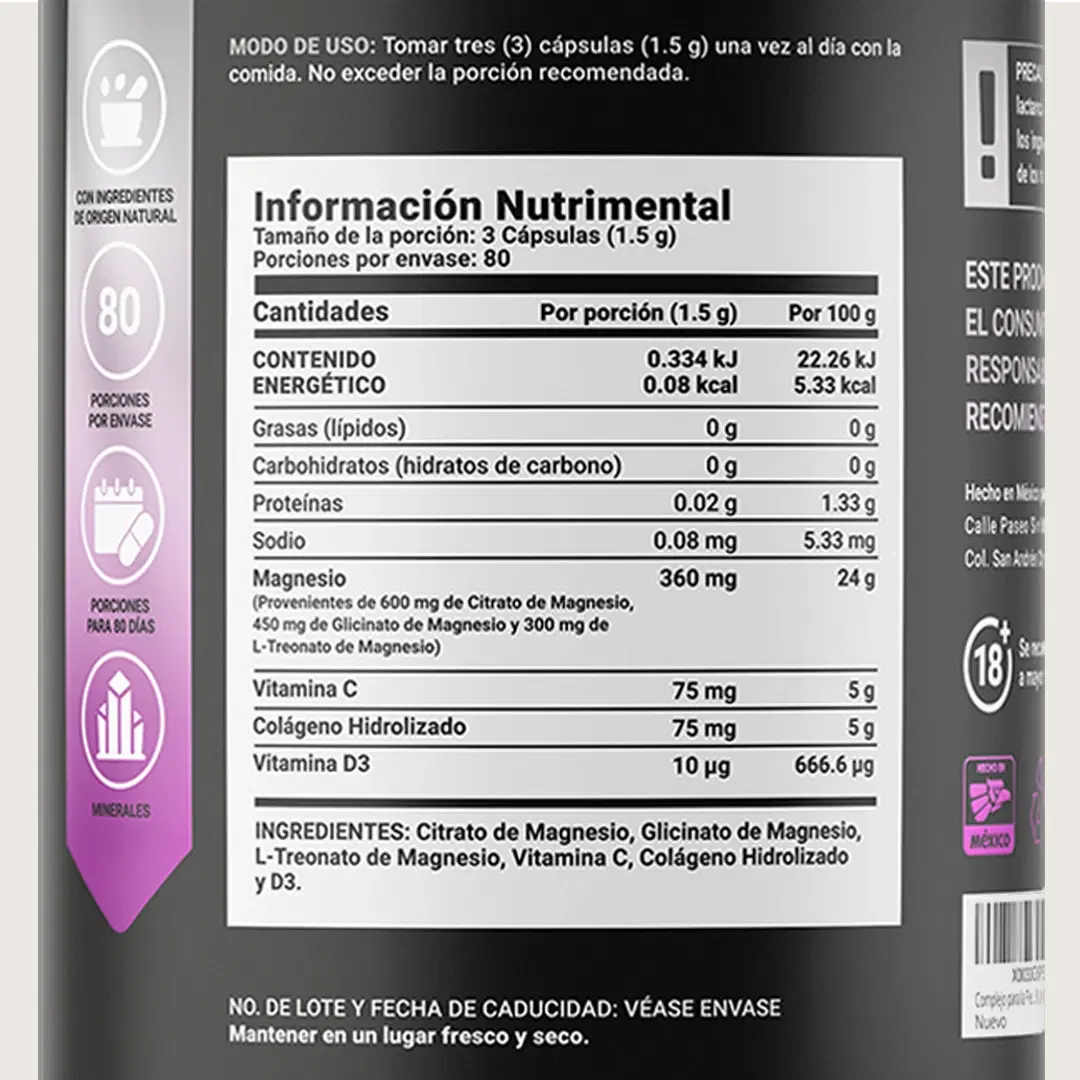  Mezcla de Magensios Premium | Citrato, Glicinato y Treonato | Alta Absorción | 240 cápsulas