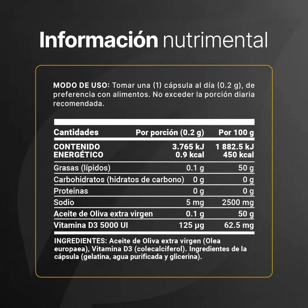 Vitamina D3 con Aceite de Oliva Extra Virgen 5000 UI | 300 cápsulas 