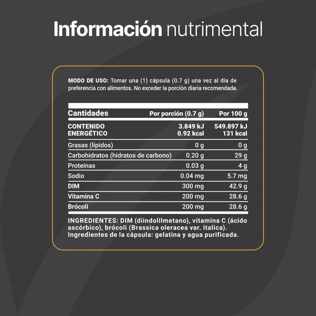 DIM | con Vitamina C y Brócoli | 240 cápsulas | 700 mg por porción