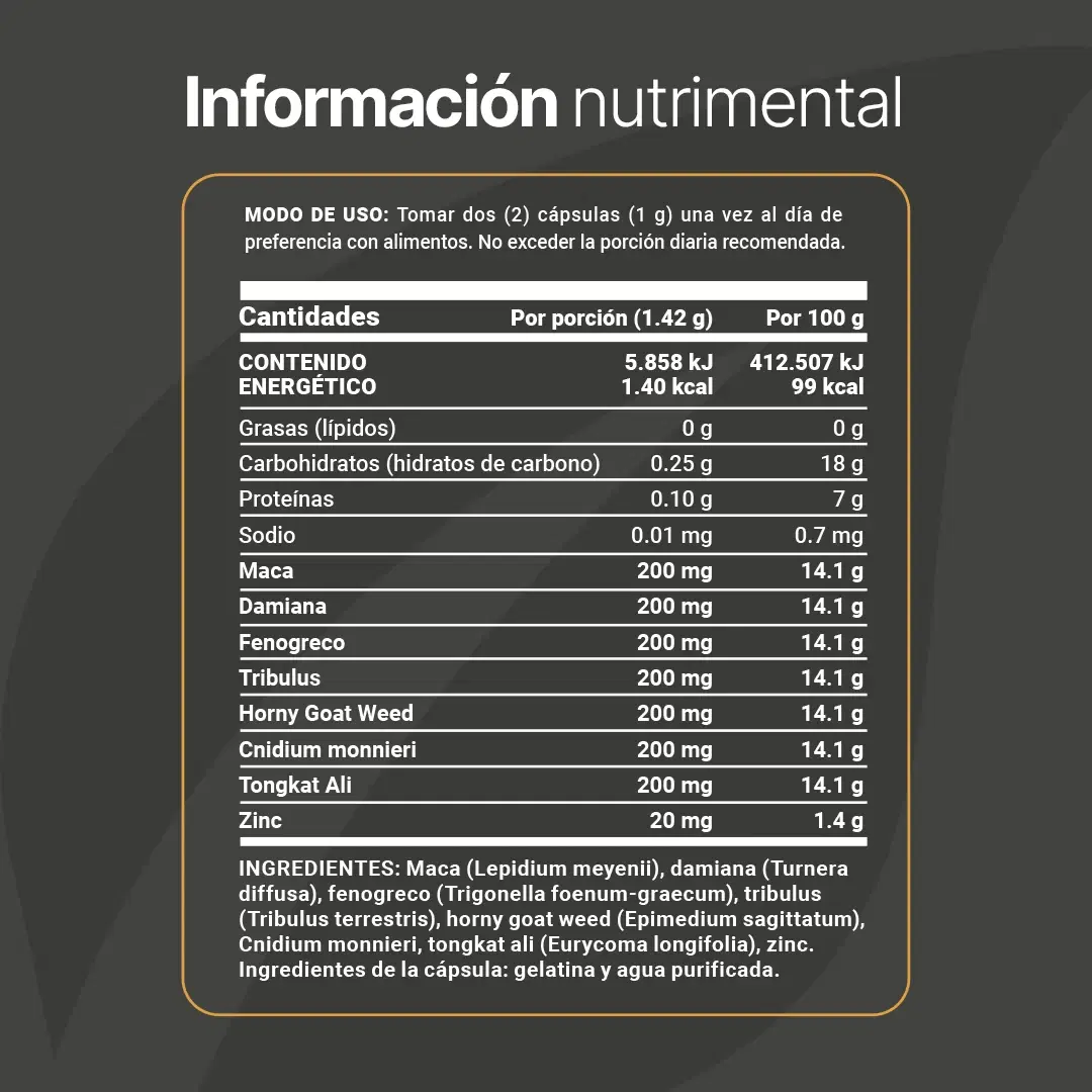 Fórmula con Maca, Damiana, Fenogreco y Tribulus | 180 cápsulas de 1420 mg por porción