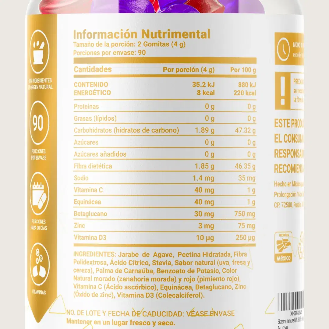 Vitaminas en Gomitas | Vitamina C, D3, Echinacea y Zinc | Sin Azúcar Añadida | 180 gomitas