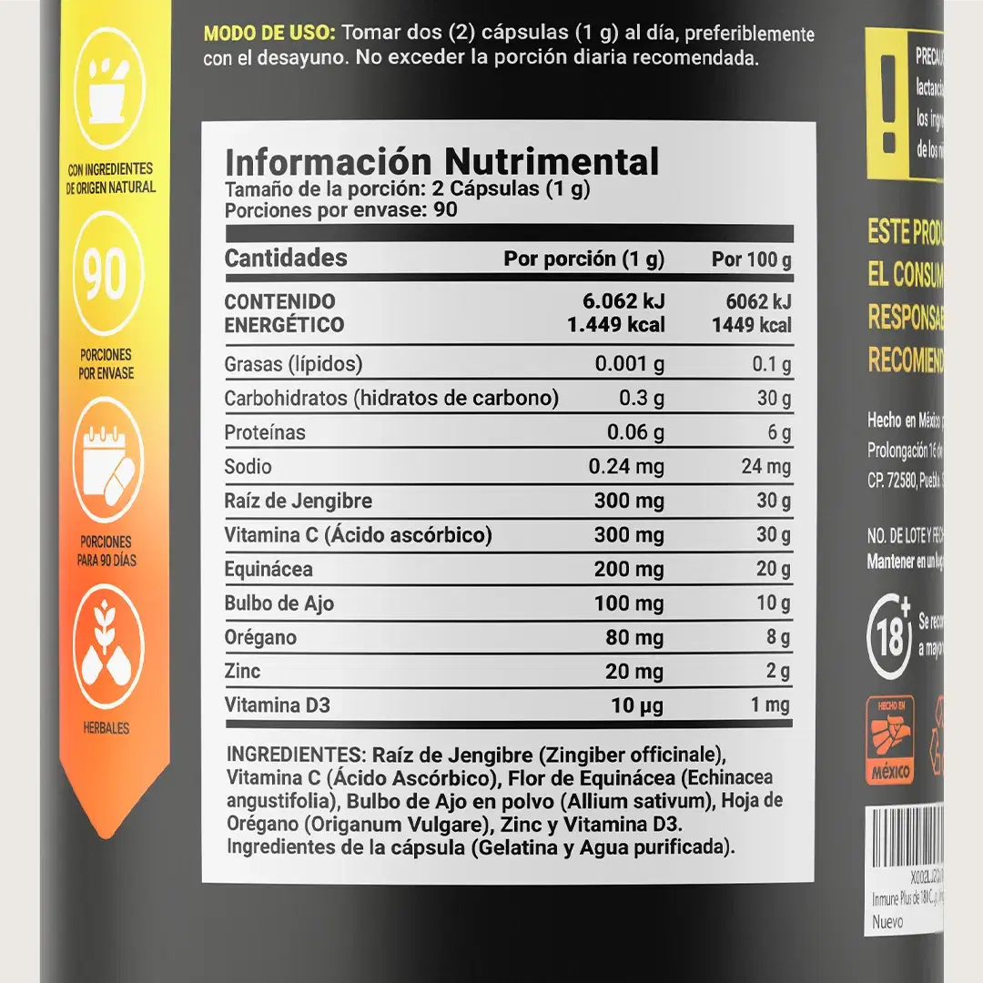 Mezcla con Jengibre, Vitamina C, D3, Zinc, Equinácea, Orégano y Ajo | 1000 mg por Porción