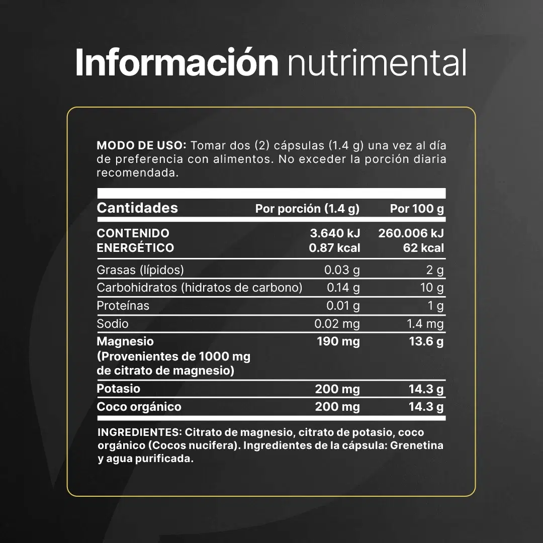 Magnesio y Potasio | Adicionado con coco orgánico | 240 Cápsulas | 1400 mg por porción