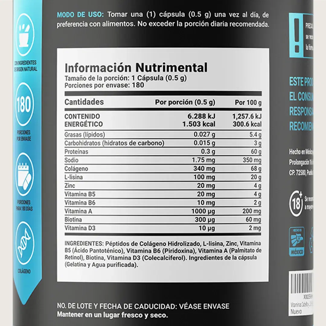 Vitaminas para el Cabello de Hombre | Colágeno Hidrolizado, L Lysina, Zinc, B5, B6, Biotina y D3