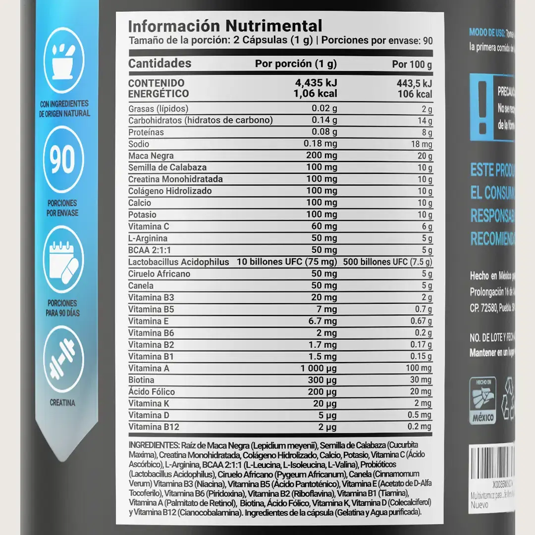 Multivitamínico para Hombre 40+ | Con Vitaminas A, C, D, E, Calcio, Colágeno, Creatina y Probióticos