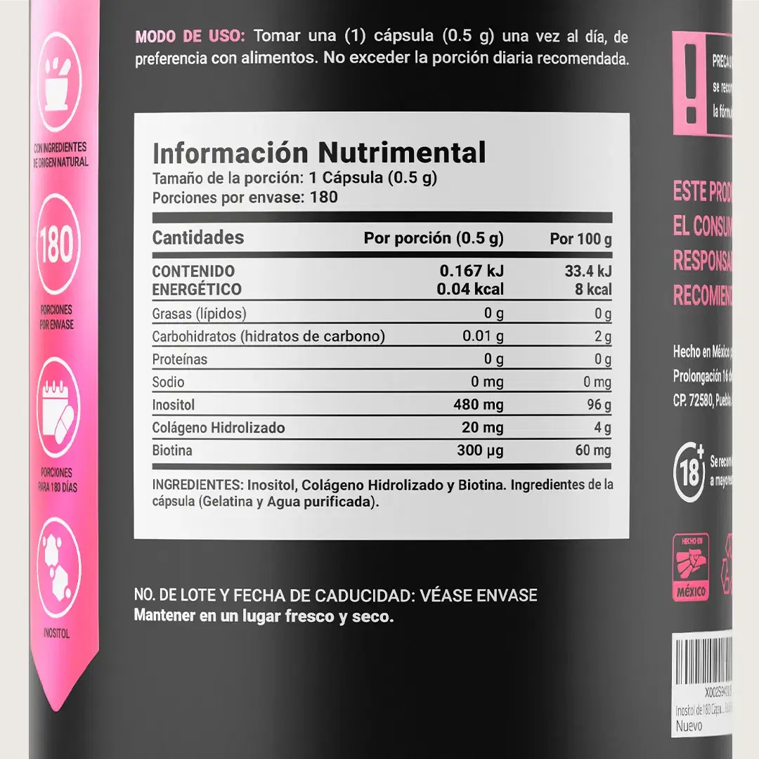 Myo Inositol | adicionado con Biotina y Colágeno Hidrolizado | 500 mg por porción