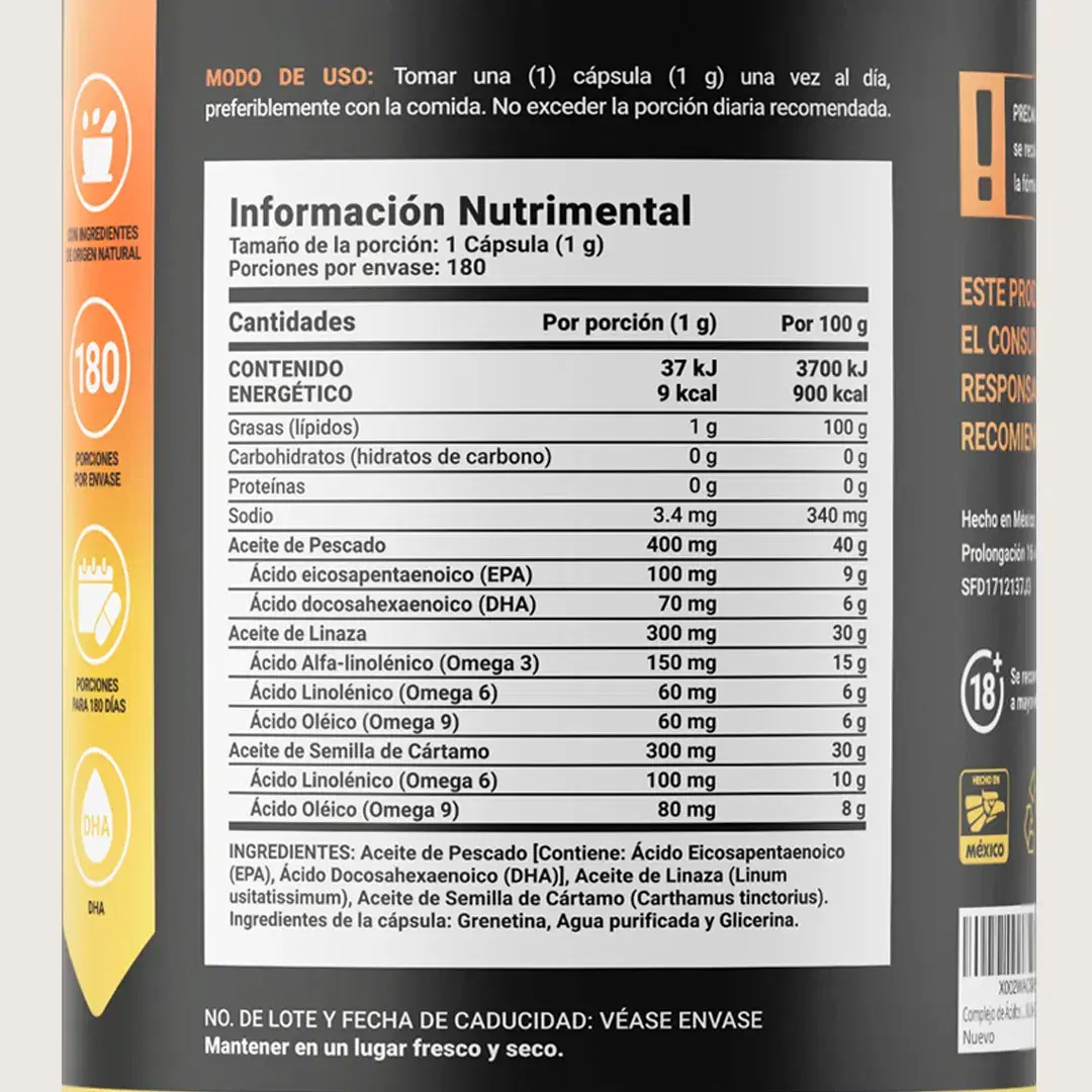 Omega 3-6-9 con Aceite de Pescado (EPA y DHA), Linaza y Cártamo | 1000 mg por Porción