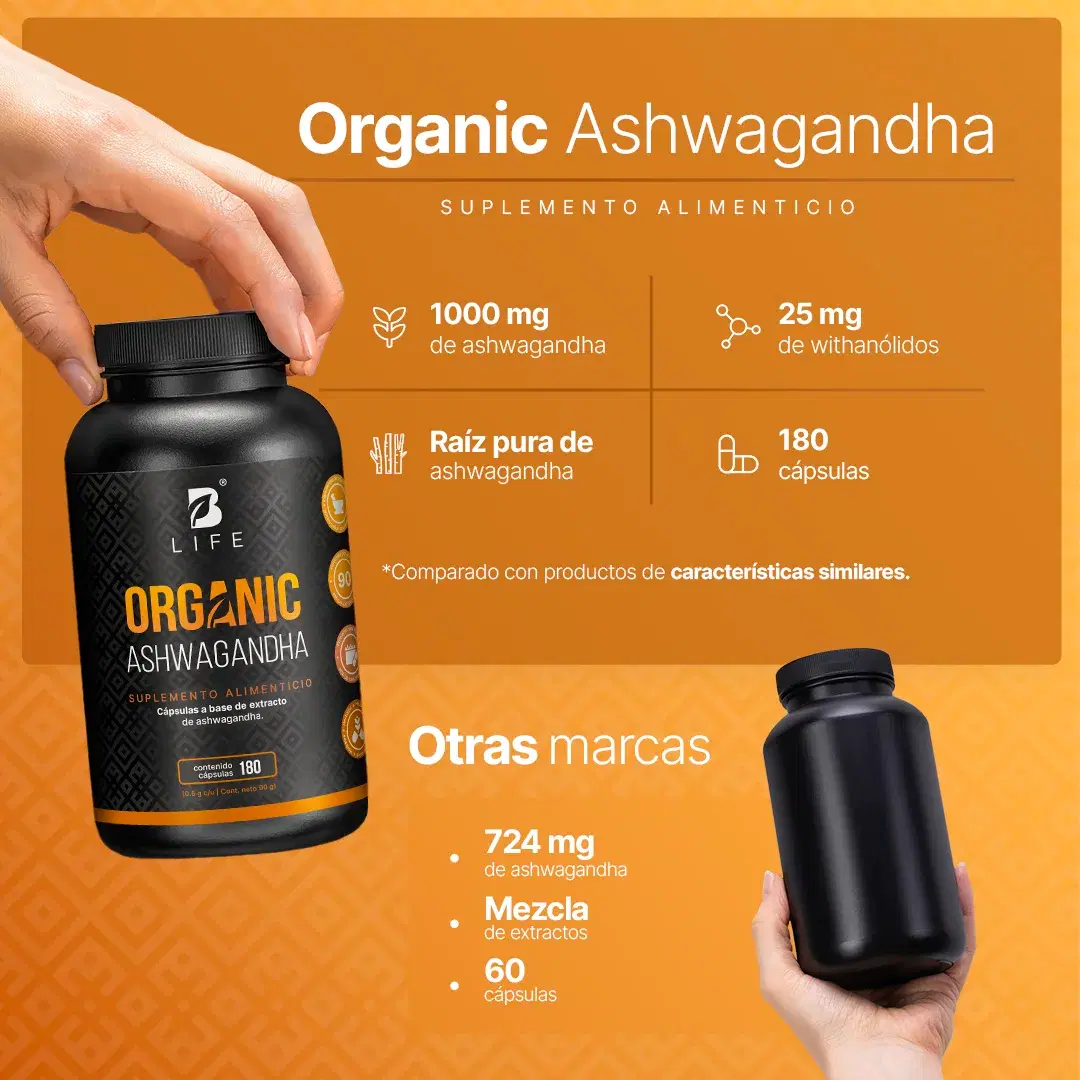 Ashwagandha Orgánica | 1000 mg por porción | 180 cápsulas