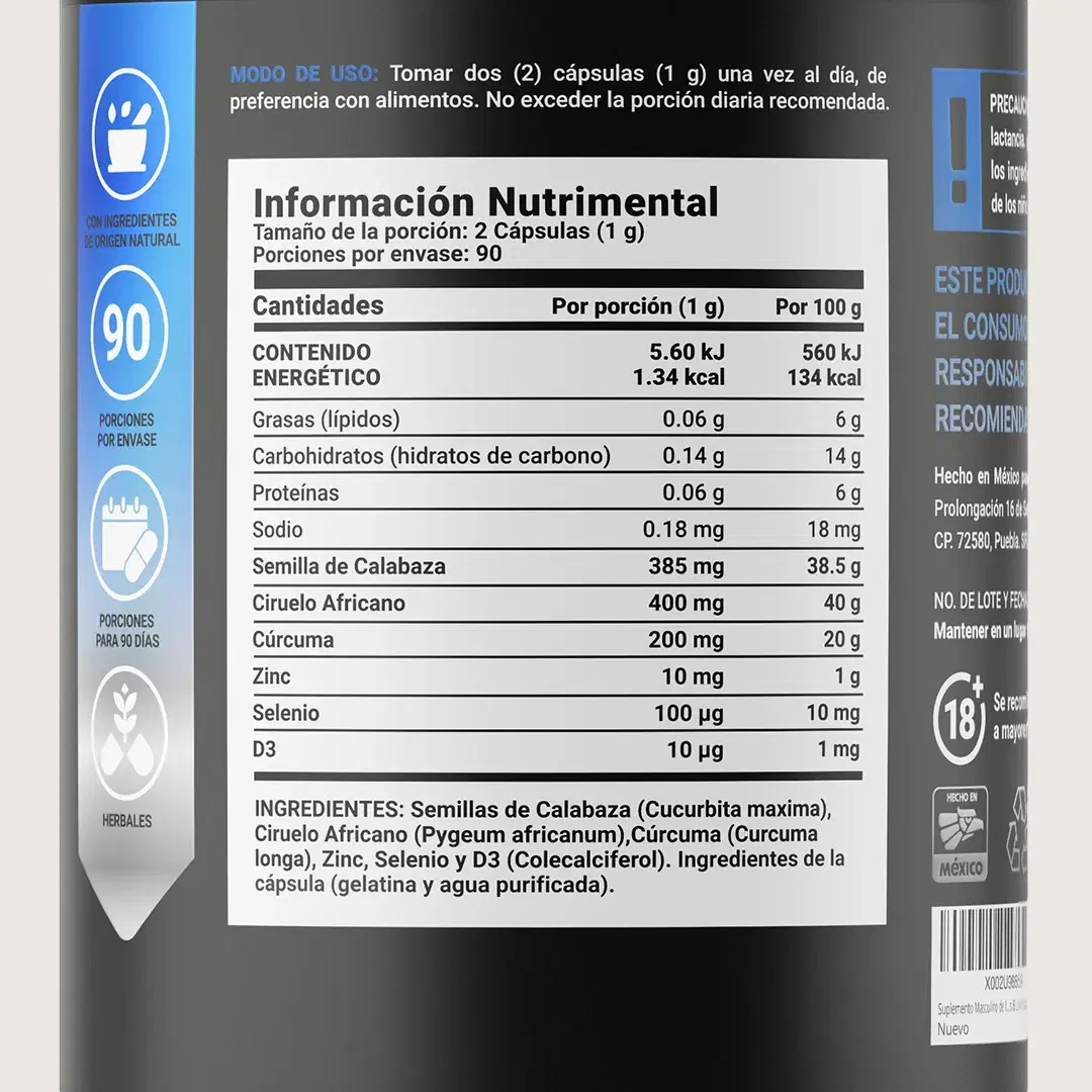 Fórmula para Hombre con Ciruelo Africano, Selenio, Semilla de Calabaza, Cúrcuma, Zinc y Vitamina D3 | 1000 mg por Porción