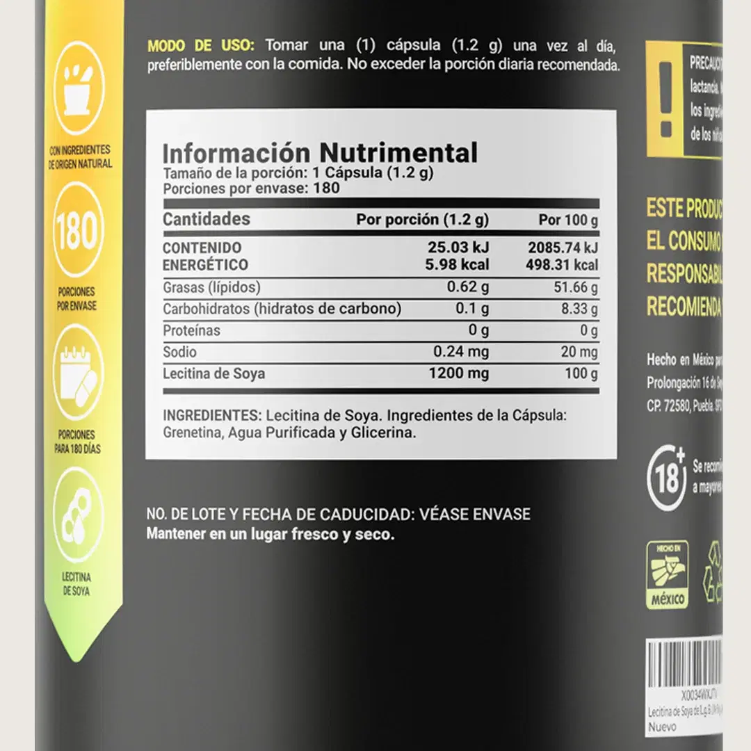 Lecitina de Soya Natural | 180 cápsulas | 1200 mg por Porción